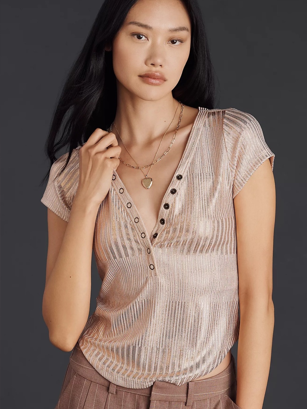 Pilcro Anthropologie Metallic Shimmer Henley Top Size S